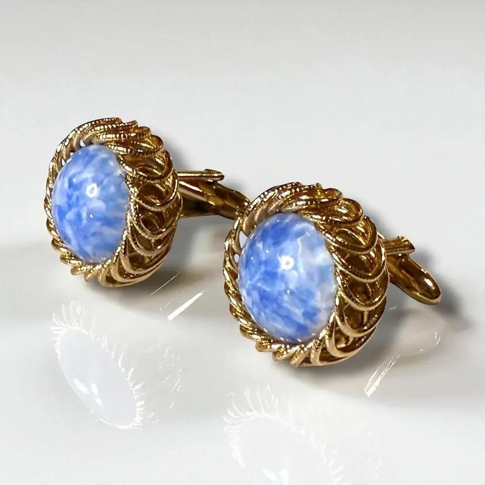 Vintage Cufflinks Mens Gold Tone Blue Swirl Glass Regency Bullet Back